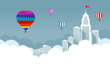 balloon in the sky with clouds with skyscrapers and large buildings.