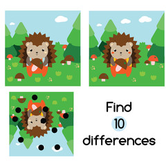 Find the differences educational children game. Kids activity sheet with hedgehog in forest
