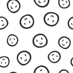 Repeated smileys drawn by hand. Funny seamless pattern. Sketch, doodle.