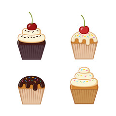 Cupcake, muffin icons. Vector illustration. Set outline desserts isolated on white background. Junk and sweet snacks in flat line art style. Unhealthy meal.