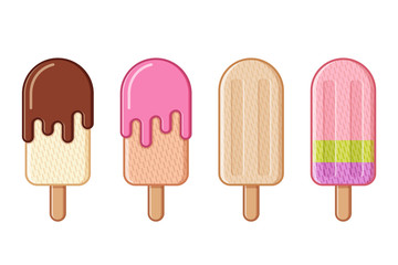 Ice cream, ice lolly and sundae icons. Vector illustration. Set outline desserts isolated on white background. Junk and sweet snacks of cafe or restaurant. Unhealthy meal in flat line art style.