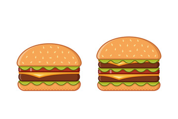 Burger icons. Vector. Fast food, junk colorful cooking elements. Set outline unhealthy meal in flat line art style. Restaurant or cafe snacks.