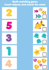 Math educational game for children. Matching mathematics activity. Counting game for kids