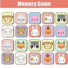 Memory game for toddlers. Educational children, kids activity with cute animals faces