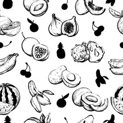 Hand drawn monochrome exotic summer seamless pattern with fruit