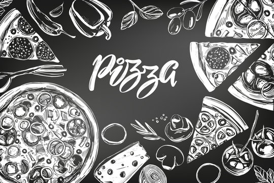 Italian pizza , collection of pizza with ingredients, logo, hand drawn vector illustration realistic sketch , drawn in chalk on a black board