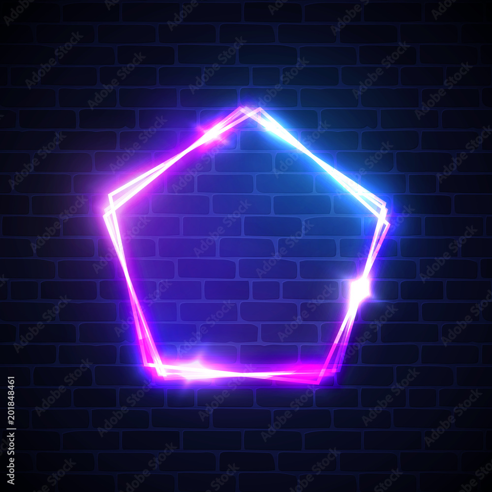 Poster neon lights background. pentagon shape sign. glowing electric abstract frame on brick texture wall b