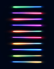 Neon light tubes set. Colorful glowing stripes collection isolated on dark blue background. Luminous gradient lamps elements pack for night party or game design. Color bright vector illustration. - obrazy, fototapety, plakaty