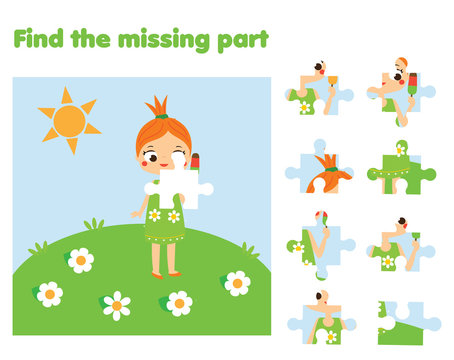 Puzzle game, Find missing part of picture. Educational activity for pre school years kids, toddlers and children