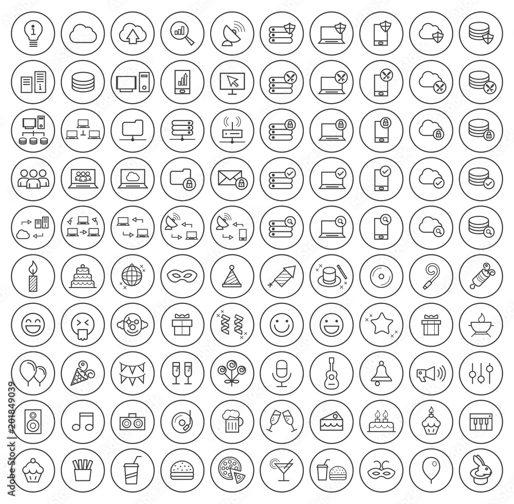 Poster set of 100 high quality universal standard minimal simple black thin line network , technology , ana