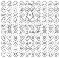 Set of 50 Minimal Animal and Games Black Icons on Circular Buttons on White Background . Isolated Vector Elements