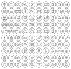 Set of 100 High Quality Universal Standard Minimal Simple Black Thin Line Network , Technology , Analytics and Party Icons on Circular Buttons on White Background 