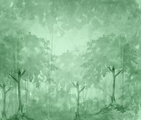 Watercolor illustration, dark, dense forest. Seasons. Summer, spring, autumn landscape. Abstract spots of green, monochrome. Park, forest, grove, trees. 