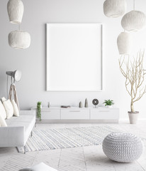 Mock up poster frame in interior background, scandinavian style, 3D render