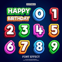 editable colorful cartoon font effect for kids learning and birthday year 