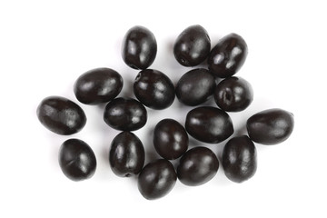 whole black olives isolated on white background. Top view. Flat lay pattern