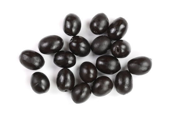 whole black olives isolated on white background. Top view. Flat lay pattern © kolesnikovserg