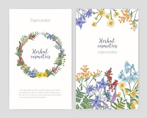 Collection of flyer or poster templates with frame made of blooming wild meadow flowers, round floral wreath and place for text. Elegant floral vector illustration for herbal cosmetics advertisement.