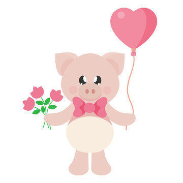 cartoon cute pig with flowers and basket and lovely balloons