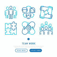 Teamwork thin line icons set: group of people, mutual assistance, meeting, handshake, cooperation, puzzle, team spirit, cooperation. Modern vector illustration.