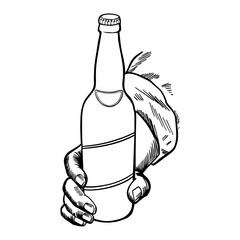 Craft beer. Bottle held by a hand. Hand-made drawing for menus, blackboards, posters and decoration of bars, clubs, pubs and restaurants.