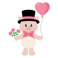 cartoon cute pig in hat with flowers and basket and lovely balloons