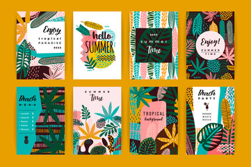 Set of abstract creative templates with tropical leaves.