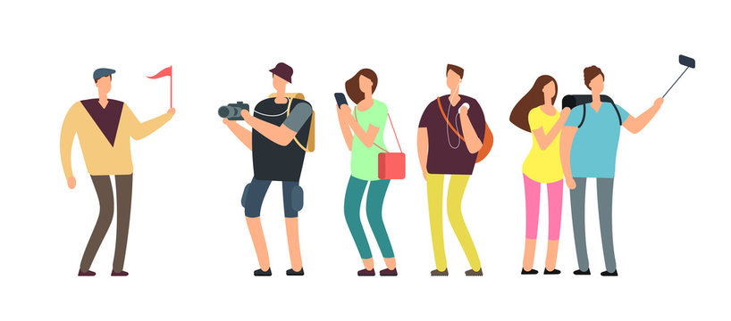 Tourists with guide on travel tour. Travelling people with family on vacation vector concept