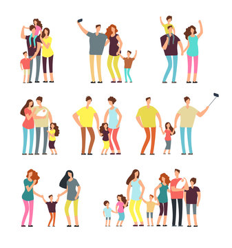 Happy family groups. Adult parents couple playing with kids vector cartoon people isolated