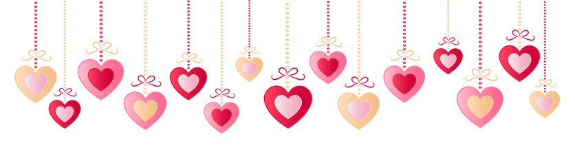 Hanging paper cut hearts - colurful banner. Vector.