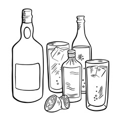 Hand drawing of alcoholic drinks. Line drawing in black and white.