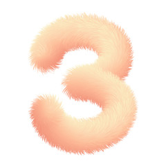 Number three in fur childish style. Colorful cartoon fluffy gentle digit 3. Feathery fun pink digit. Vector isolated illustration