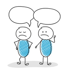 Cartoon stickmen - chat with empty speech balloons. Angry and confused expression. Vector.