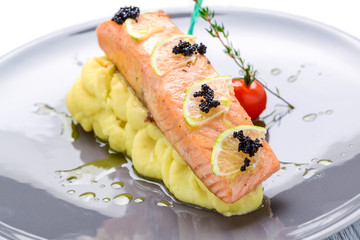 salmon steak with mashed potatoes