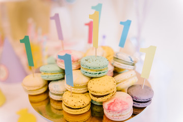 Multicolored macaroons on a sweet party
