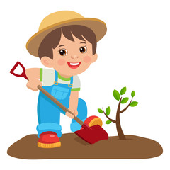 Growing Young Gardener. Cute Cartoon Boy With Shovel. Young Farmer Planting A Tree Colorful Simple Design Vector. Spring Gardening.