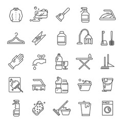 Cleaning and washing house, laundry outline vector icons. Antiseptic service line symbols