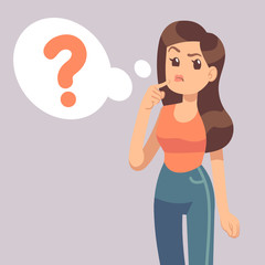 Fototapeta na wymiar Cartoon young standing woman thinking with question mark in think bubble. Businesswoman thinks about problem vector illustration