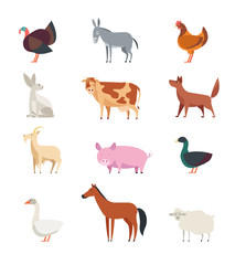 Cartoon farm animals and birds vector set isolated. Sheep, goat, cow, donkey, horse, pig, duck, goose, rooster and rabbit