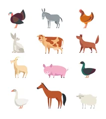 Muurstickers Boerderij Cartoon boerderijdieren en vogels vector set geïsoleerd. Schaap, geit, koe, ezel, paard, varken, eend, gans, haan en konijn