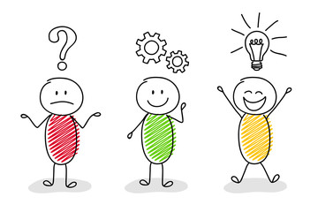 Conceptual image with cartoon stickman and company development icons - collection. Vector.