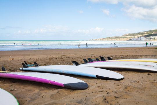 Surfboards on the shores of the Atlantic Ocean. Photo travel. Leisure. Surfing