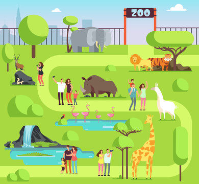 Cartoon zoo with visitors and safari animals. Happy families with kids in zoological park vector illustration