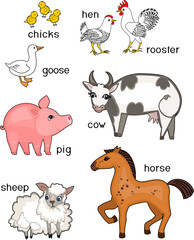 Set of different cartoon farm animals with titles on white background
