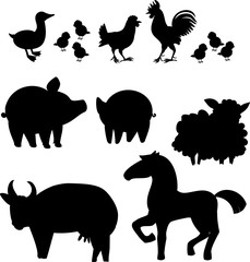 Set of black silhouettes of different cartoon farm animals on white background