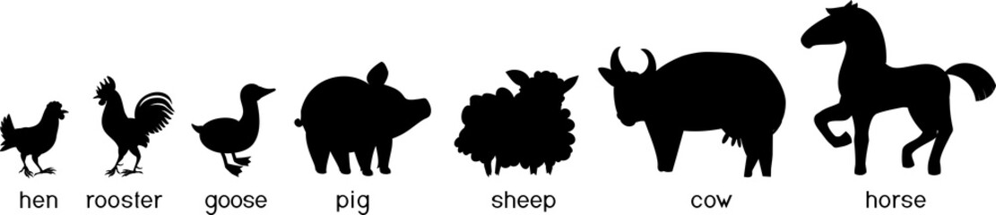 Set of black silhouettes of different cartoon farm animals with titles on white background