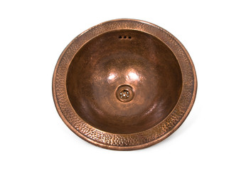 Dark copper round sink on white background. Isolated brown sink in retro style. Copper chasing.