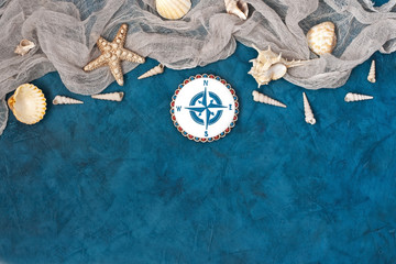 Marine background with  net and seashells.Concept of vacation,spa and relaxation