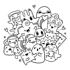 Cute doodles hand drawn pattern. Vector isolated outline set of cartoon monsters. Coloring book page.