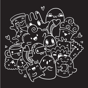 White outline hand drawn set of doodles on black background. Vector isolated contour of cartoon monsters.
